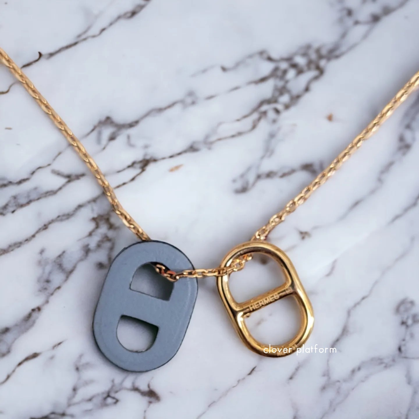 Hermes O'Maillon pendant 皮革及金屬豬鼻淺藍金色頸鏈