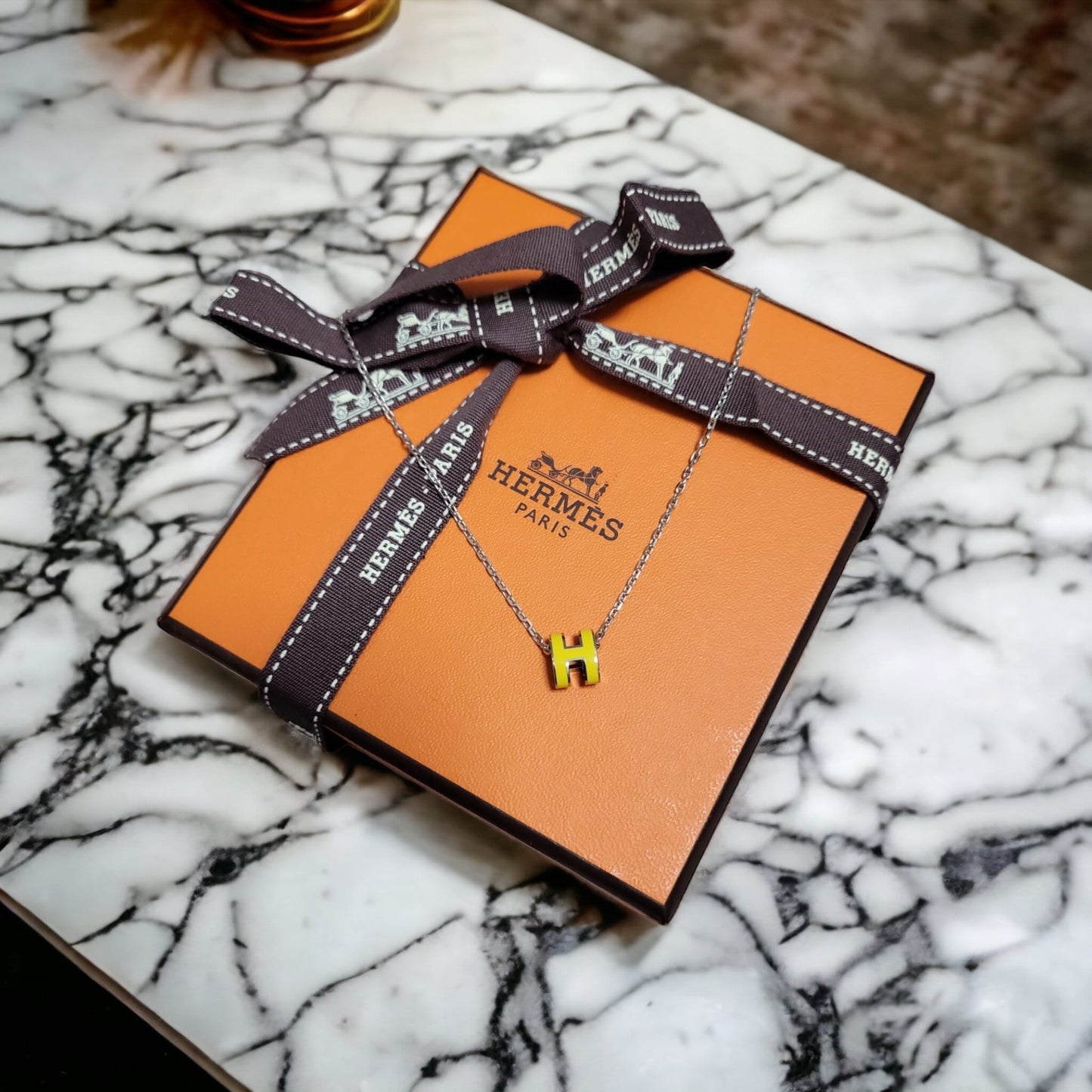 Hermes Mini Pop H 黃色銀鏈圓型 頸鏈