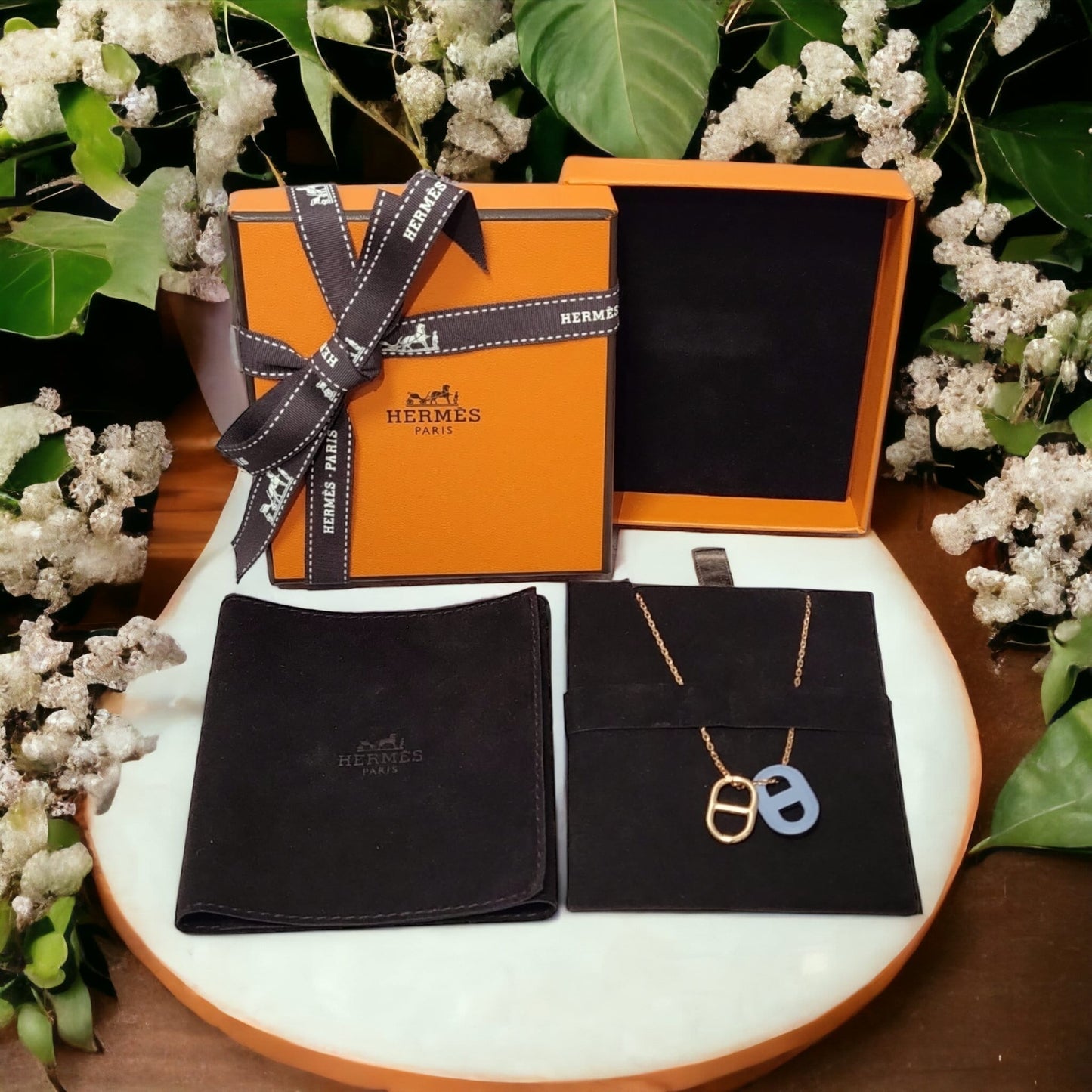 Hermes O'Maillon pendant 皮革及金屬豬鼻淺藍金色頸鏈