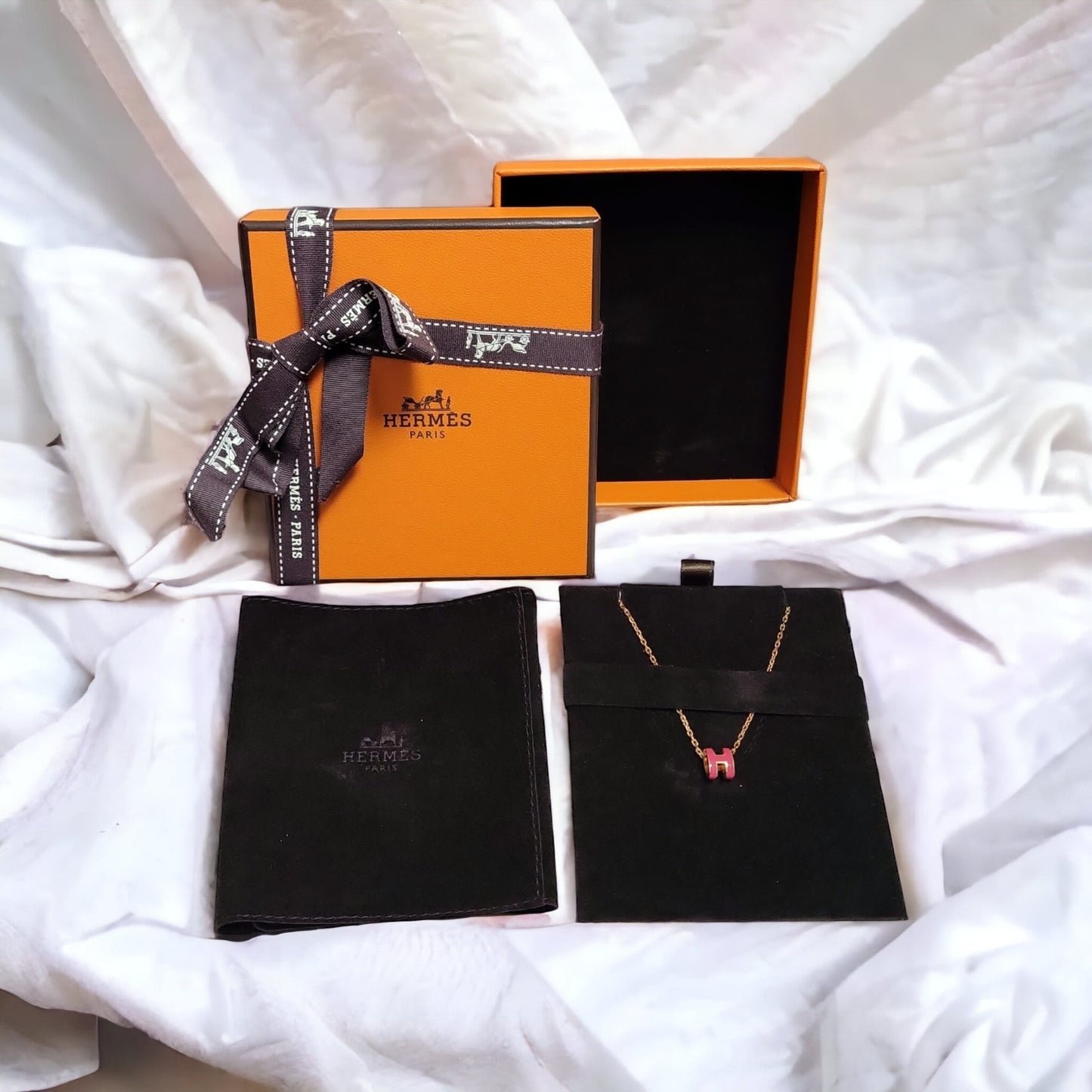 Hermes Mini Pop H 玫瑰紅色玫瑰金鏈圓型 頸鏈