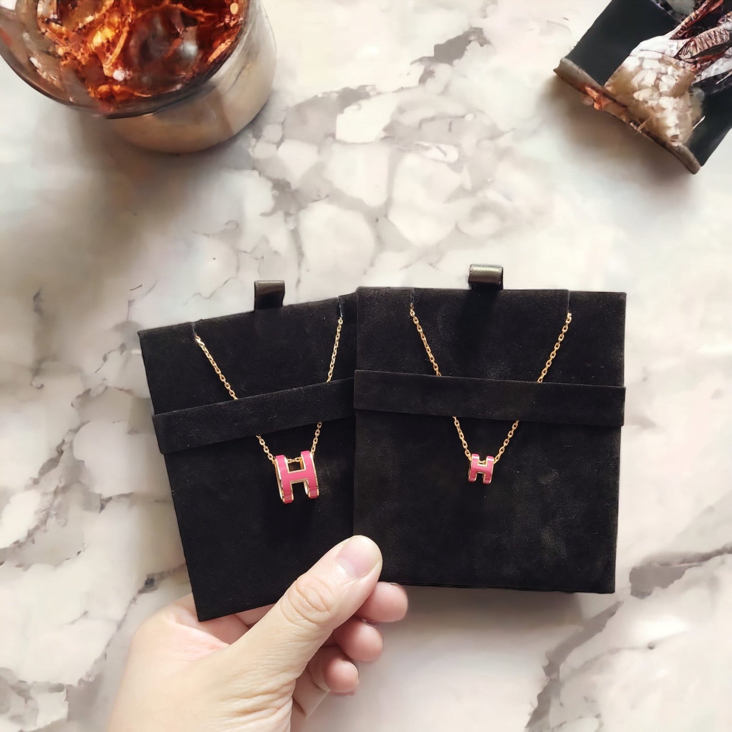 Hermes Mini Pop H 玫瑰紅色玫瑰金鏈圓型 頸鏈