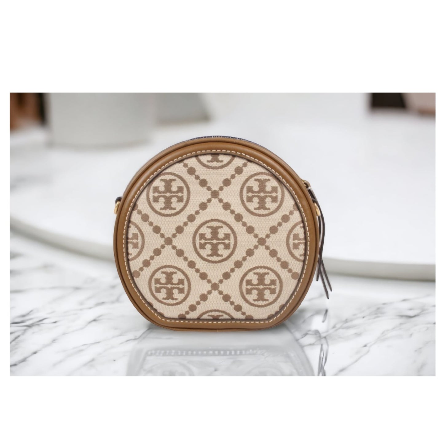 Tory Burch T Monogram提花織物拼皮革圓餅包 88487-271