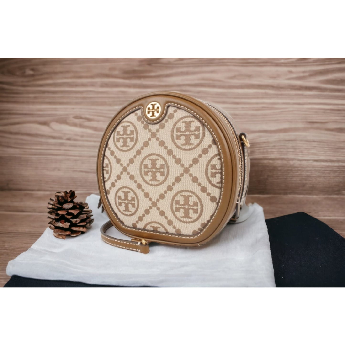 Tory Burch T Monogram提花織物拼皮革圓餅包 88487-271