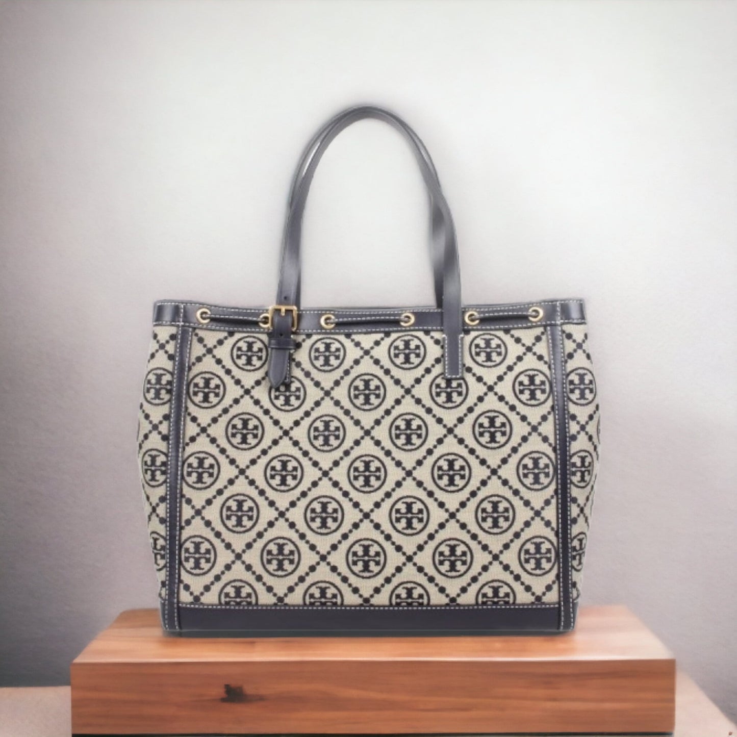 Tory Burch T-Monogram 大號編織提花配皮女士托特包 80644-405